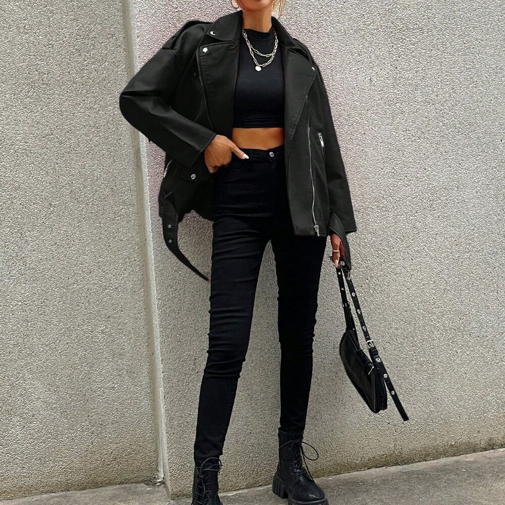 Black Casual Women's Zip Up Flap Detail Belted Moto Jacket - Picture 3 of 5